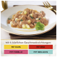 Teller mit Nassfutter und grüner Garnitur; Banner darunter listet vier deutsche Sorten: HUHN, RIND, FORELLE, SEELACHS