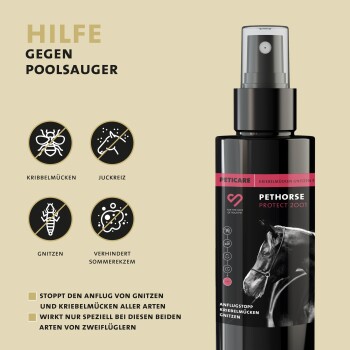 Schwarze Sprühflasche mit der Aufschrift 'PETHORSE PROTECT 2001' für die Haustierpflege, mit Symbolen gegen Insekten und Text, der die Vorteile beschreibt.