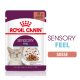 Royal Canin Sensory Feel Katzenfutterbeutel, 85g, mit einer grauen Katze mit geschlossenen Augen, Stückchen in Soße und Text, der die sensorischen Vorteile hervorhebt.