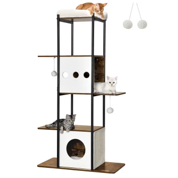 Kratzbaum modern Katzenturm braun Ein moderner Katzenbaum mit drei Katzen: einer orangefarbenen Katze oben, einer weißen Katze in der Mitte und einer grauen getigerten Katze unten, mit Spiel-Pompons.