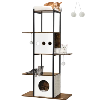 Ein moderner Katzenbaum mit drei Katzen: einer orangefarbenen Katze oben, einer weißen Katze in der Mitte und einer grauen getigerten Katze unten, mit Spiel-Pompons.