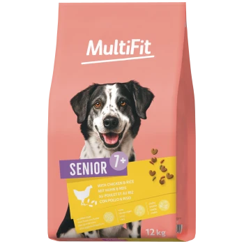 Roze MultiFit-hondenvoertas 'Senior 7+' met een glimlachende zwart-witte hond, label 'Met kip & rijst', 12 kg.