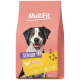 Rosa MultiFit-Hundefuttersack „Senior 7+“ mit lächelndem schwarz-weißem Hund, Aufschrift „Mit Huhn & Reis“, 12 kg.