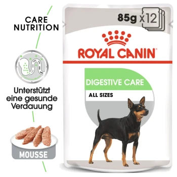 Royal Canin Digestive Care Hundefutterpackung mit einem schwarz-braunen Hund, beschriftet mit '85g x 12' und 'Care Nutrition.'