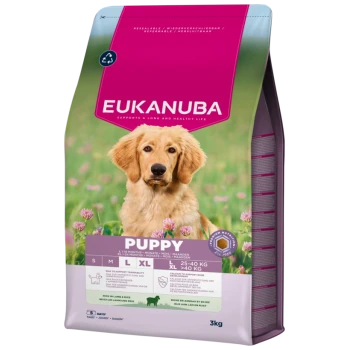 Sac de nourriture pour chiots EUKANUBA avec photo d'un chiot doré, emballage rose-vert, grands textes « EUKANUBA » et « PUPPY », 3 kg.