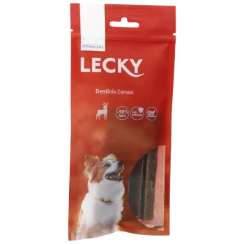 Eine rote Verpackung für Lecky Dentinis Cervus Hundeleckerlis mit einem glücklichen Hund auf der Vorderseite, mit dem Text, der ">90% Fleisch" und "Pro Immune" angibt.