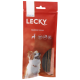 Emballage rouge pour les friandises pour chiens Lecky Dentinis Cervus avec un chien heureux sur le devant, avec un texte indiquant ">90% viande" et "Pro Immune."