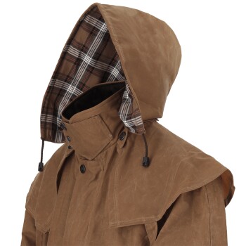 Brauner gewachster Canvas-Hunderegenmantel mit kariert gefütterter Kapuze und verstellbaren Kordelzügen.