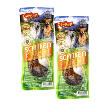 Zwei Pakete DeliBest Schinken Knochen Hundeleckerlis, die glückliche Hunde zeigen und die glutenfreie Qualität hervorheben.