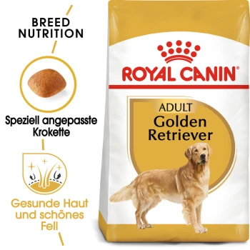 Royal Canin Adult Golden Retriever Hundefutterbeutel mit einer Illustration eines Golden Retrievers, der die Ernährung für gesunde Haut und Fell betont.