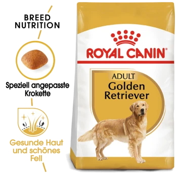Royal Canin Adult Golden Retriever Hundefutterbeutel mit einer Illustration eines Golden Retrievers, der die Ernährung für gesunde Haut und Fell betont.