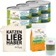 Dosenkatzenfutter mit der Aufschrift 'Lachs & Truthahn' (Salmon & Turkey) mit einer Tragetasche mit der Aufschrift 'Katzen Liebhaber', einer Tüte Trockenfutter für Katzen und einem Supplement.