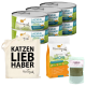 Dosenkatzenfutter mit der Aufschrift 'Lachs & Truthahn' (Salmon & Turkey) mit einer Tragetasche mit der Aufschrift 'Katzen Liebhaber', einer Tüte Trockenfutter für Katzen und einem Supplement.