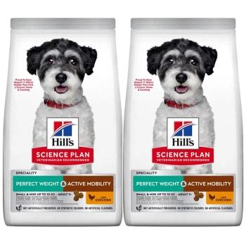 Zwei Tüten Hill's Science Plan Hundefutter, beschriftet mit "Perfect Weight & Active Mobility", entwickelt für kleine Hunde bis 10 kg, mit Huhn.