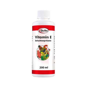 Quiko Vitamin E Ergänzung für Vögel, 200 ml Flasche, mit bunten Illustrationen verschiedener Vögel auf dem Etikett.