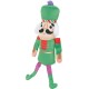 Plüsch-Nussknacker-Tierspielzeug in grüner Uniform mit schwarzem Schnurrbart, weißen Ohrenschützern, lila Bommelmütze und langen lila-grünen Beinen.