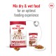 Royal Canin medium dog food packaging featuring dry food bag and wet food can, with text promoting mixing for optimal feeding experience.
