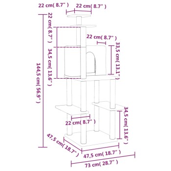 Illustration der Abmessungen eines Katzenbaums mit beschrifteten Maßen in Zentimetern und Zoll, die mehrere Ebenen und ein gemütliches Versteck zeigt.