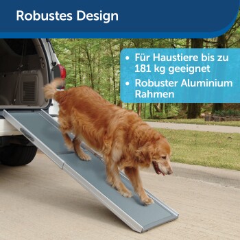 Ein Golden Retriever geht eine Haustierrampe hinunter mit "Robustes Design", 181 kg Tragfähigkeit und einem stabilen Aluminiumrahmen.