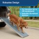 Ein Golden Retriever geht eine Haustierrampe hinunter mit "Robustes Design", 181 kg Tragfähigkeit und einem stabilen Aluminiumrahmen.