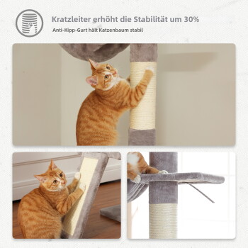 Katzenbaum mit dicken Pfosten, zwei spielenden Katzen, einem Kratzbaum und einem gemütlichen Versteck. Höhepunkte: "Einfaches Klettern" und "9 cm/3,5" Pfostendicke.