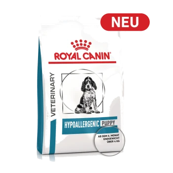 Royal Canin Veterinary Hypoallergenic-Welpenbeutel, rotes 'NEU'-Badge, Kreis mit Schrift 'AB DEM 6. MONAT ENDGEWICHT ÜBER 4 KG'
