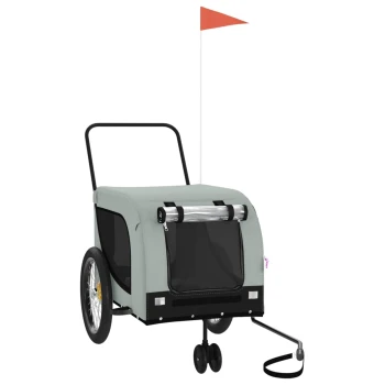 Haustierwagen mit einem grauen Stoffbezug, schwarzen Netzfenstern, zwei großen Rädern, einem Griff und einer Sicherheitsflagge.
