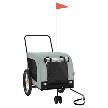 Haustierwagen mit einem grauen Stoffbezug, schwarzen Netzfenstern, zwei großen Rädern, einem Griff und einer Sicherheitsflagge.