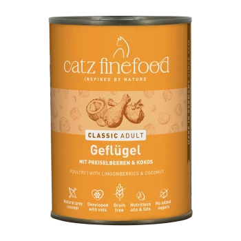 Catz Finefood Classic Adult Geflügel Katzenfutter mit Preiselbeeren und Kokosnuss, getreidefrei, ohne Zuckerzusatz, tierärztlich entwickelt.