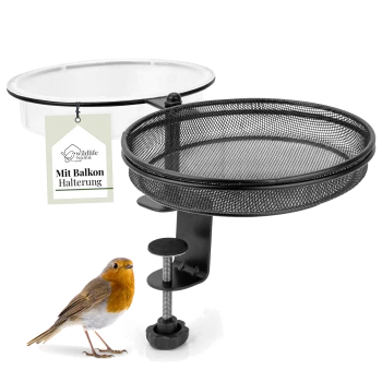 Ein schwarzer Netzvogelhäuschen mit einer Klammer zur Balkonbefestigung, begleitet von einem kleinen orangebrüstigen Vogel und einem Etikett mit der Aufschrift "Mit Balkon Halterung."