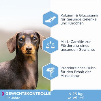 Hundefutterverpackung mit ernährungsphysiologischen Vorteilen: Calcium & Glucosamin für Gelenke, L-Carnitin für Gewichtsmanagement, proteinreiches Huhn.