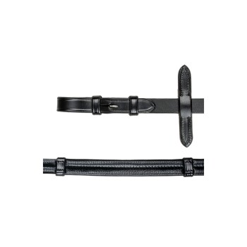 Schwarzes Lederhalsband für Hunde mit verstellbarem Schnallenverschluss und Nähdetails, vor einem weißen Hintergrund präsentiert.