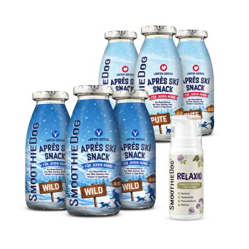 SmoothieDog-Flaschen mit 'LIMITED-EDITION APRÈS SKI SNACK' (Wild und Pute) und einer kleinen Relaxio-Flasche mit Kräutertropfen.
