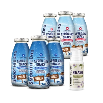 SmoothieDog-Flaschen mit 'LIMITED-EDITION APRÈS SKI SNACK' (Wild und Pute) und einer kleinen Relaxio-Flasche mit Kräutertropfen.