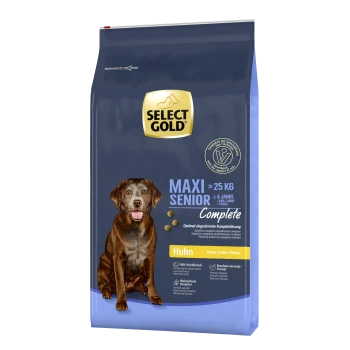 Hundefutterbeutel mit der Aufschrift "SELECT GOLD MAXI SENIOR" für Hunde über 25 kg, ab 8 Jahren, mit Huhn als Hauptzutat.