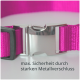 Nahaufnahme eines rosa Haustierhalsbands mit einer starken Metall-Schnalle, mit dem Text 'max. Sicherheit durch starken Metallverschluss.'