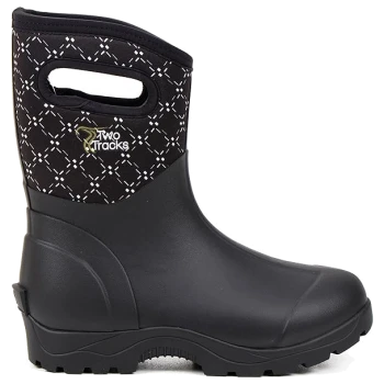 Schwarze Gummistiefel für Haustiere mit einem gemusterten Stoffoberteil, mit Griffen für einfaches Anziehen, beschriftet mit "Two Tracks."