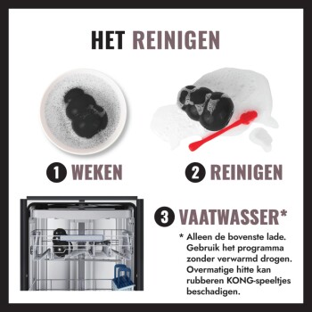 HET REINIGEN-afbeelding: zwart KONG-speelgoed weken (1 Weken), geschrobd met rode borstel (2 Reinigen), afgebeeld in vaatwasser (3 Vaatwasser).