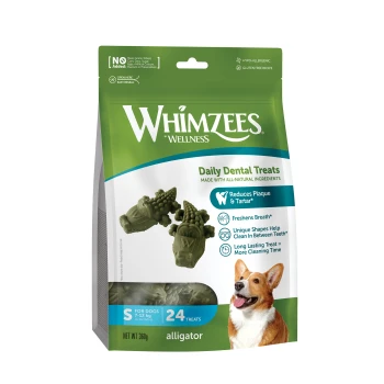 Emballage vert des friandises dentaires quotidiennes Whimzees pour petits chiens, avec des formes d'alligator, prétend réduire la plaque et rafraîchir l'haleine.