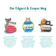 Illustration mit einem Hund und einer Katze mit Text über das Engagement von Edgard & Cooper für frische Zutaten, Nachhaltigkeit und Wohltätigkeit.