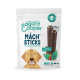 Emballage de friandises pour chiens présentant des Edgard Cooper Mâch' Sticks, avec une illustration de chien souriant, et un texte indiquant une saveur à l'huile de fraise et de menthe.