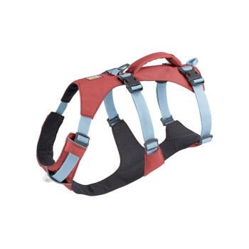 Ein rot-blau verstellbares Hundegeschirr mit gepolsterten Riemen und einem Griff oben, entworfen für Komfort und Kontrolle.