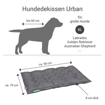 Hundebett "Urban" für große Hunde, Maße 90 cm x 70 cm, 8 cm dick, geeignet für Rassen wie Labrador und Golden Retriever.