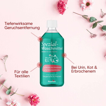 Flasche Pawlies Spezial-Waschmittel, ein haustierfreundliches Waschmittel für alle Textilien, mit Angaben zur Geruchsentfernung und Umweltfreundlichkeit.