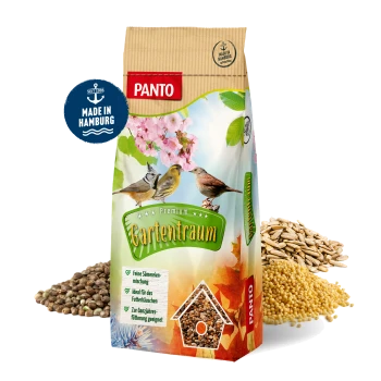 PANTO Wildvogelfutter Vogelfuttertüte mit bunten Illustrationen von Blaumeise, Amsel und Fink, die natürliche Zutaten betont.