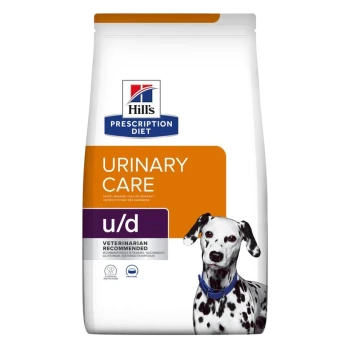 Hill's Prescription Diet Urinary Care Hundefutterbeutel mit einem Dalmatiner mit einem blauen Halsband, beschriftet mit "u/d" und "Vom Tierarzt empfohlen."