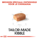 Kibble speciaal ontworpen voor Chihuahuas, met een 1 cm vierkant stuk kibble met de tekst "Tailor-Made Kibble" erboven.