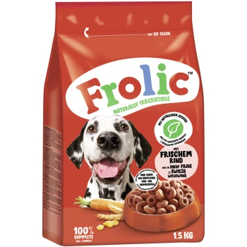 Emballage de nourriture pour chiens avec un dalmatien heureux, avec le nom de la marque "Frolic" et un texte indiquant "Naturellement irrésistible" et "100 % complet."