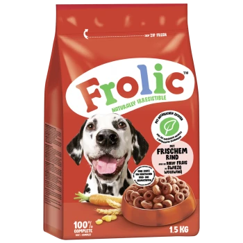 Hundefutterverpackung mit einem glücklichen Dalmatiner, mit dem Markennamen "Frolic" und dem Text "Natürlich unwiderstehlich" und "100% komplett."