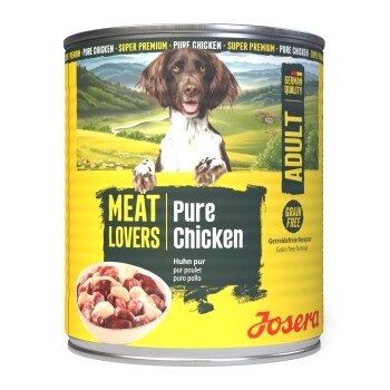 Dose Josera Hundefutter mit der Aufschrift ‚Meat Lovers | Pure Chicken‘, mit Hundeabbildung, Schüssel mit Huhn und Text ‚Erwachsen‘ und ‚Getreidefrei‘.